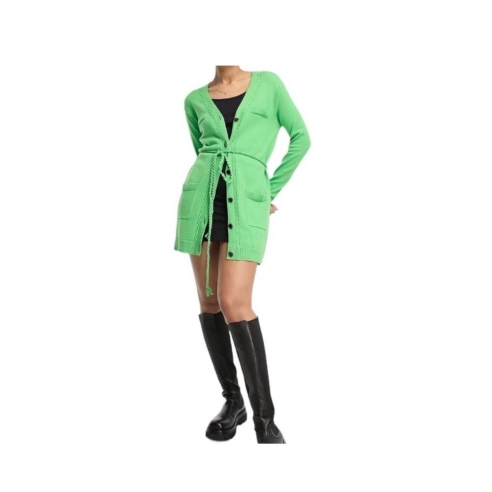 River Island Cardigan Sweater Top Green Longline Belted Heart Button Size Small